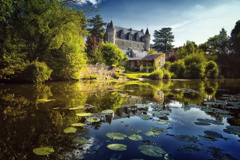 Vue imprenable sur le château de Montrésor, majestueusement niché sur les rives de l'Indrois, avec ses tourelles et ses murs en pierre se reflétant dans l'eau, créant une scène paisible et pittoresque.